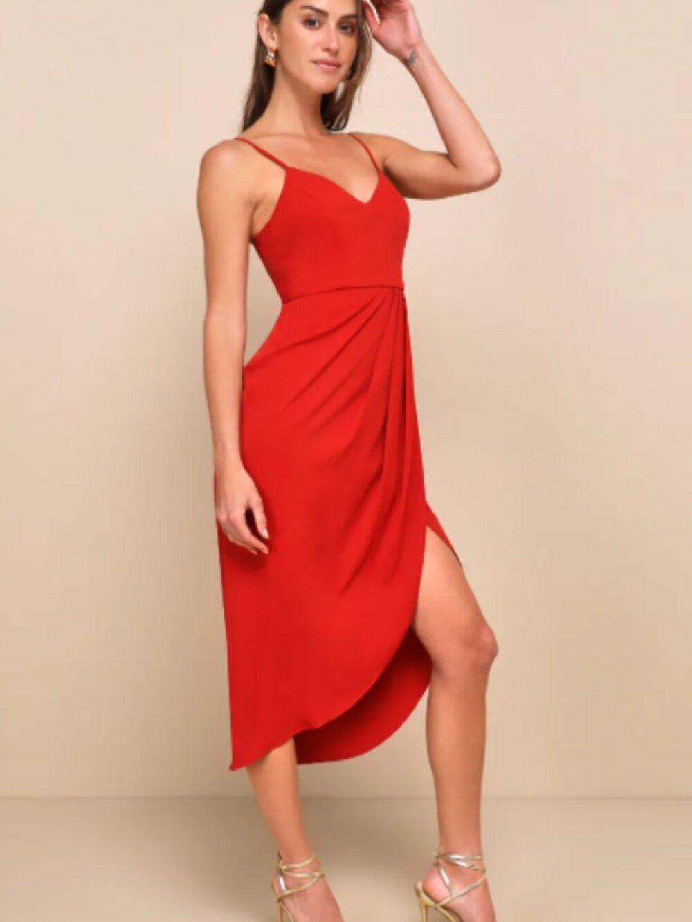 NWT Lulu's Brick Burnt Orange Rust Red= faux wrap midi hi-low dress size L